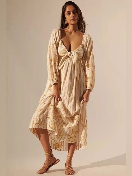 Anthropologie Dresses & Skirts - Anthropologie Embroidered Sweetheart Maxi Dress Ivory Gold Boho Balloon Sleeve S